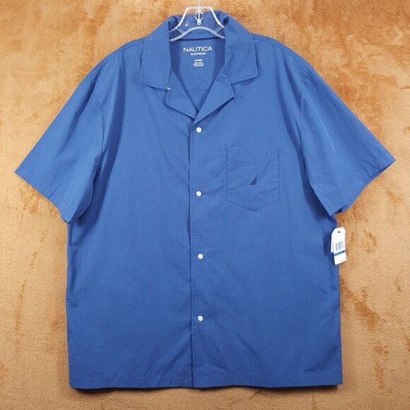 NAUTICA Sleepwear Mens XL Blue Short Sleeve Sleep Shirt Button Up Collared - Picture 1 of 9